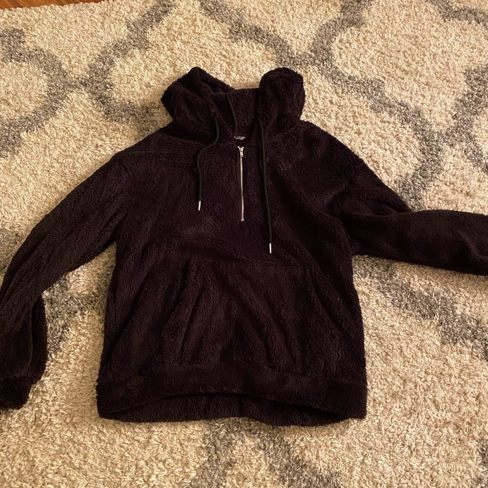 zip half placket pouch pocket teddy hoodie